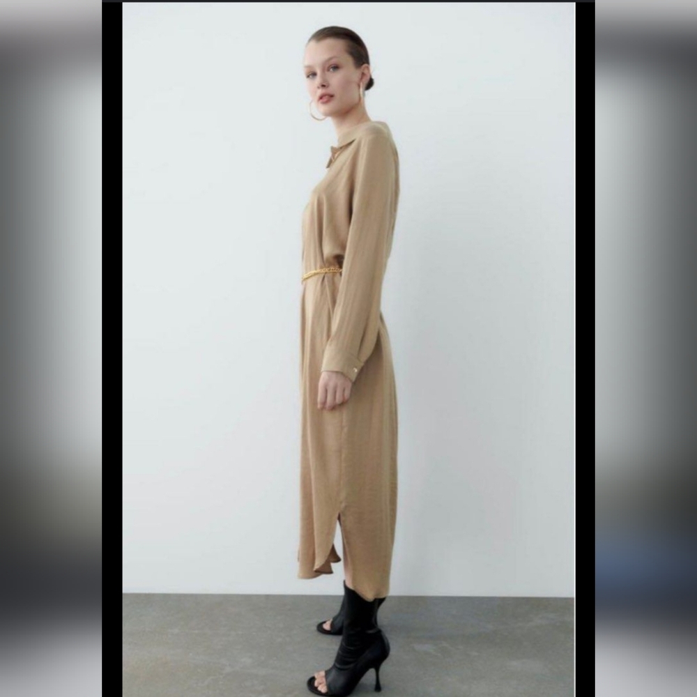 Zara Flowy Satinlike Button Collared Midi Oversized Tunic Dress Size Medium